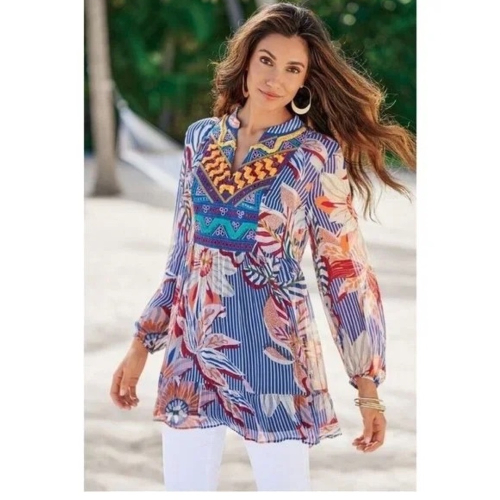 Soft Surroundings Tory Tunic Floral Embroidered Sheer Long Sleeve Small Boho EUC